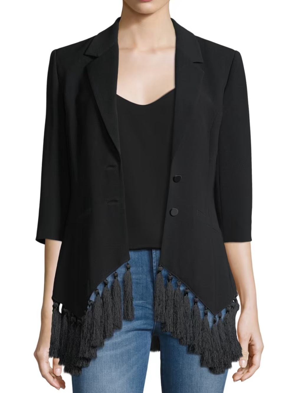 Cinq à Sept Violetta Tassel Fringe Blazer Black Sz 0 Silk Trim $595 Rare Luxury